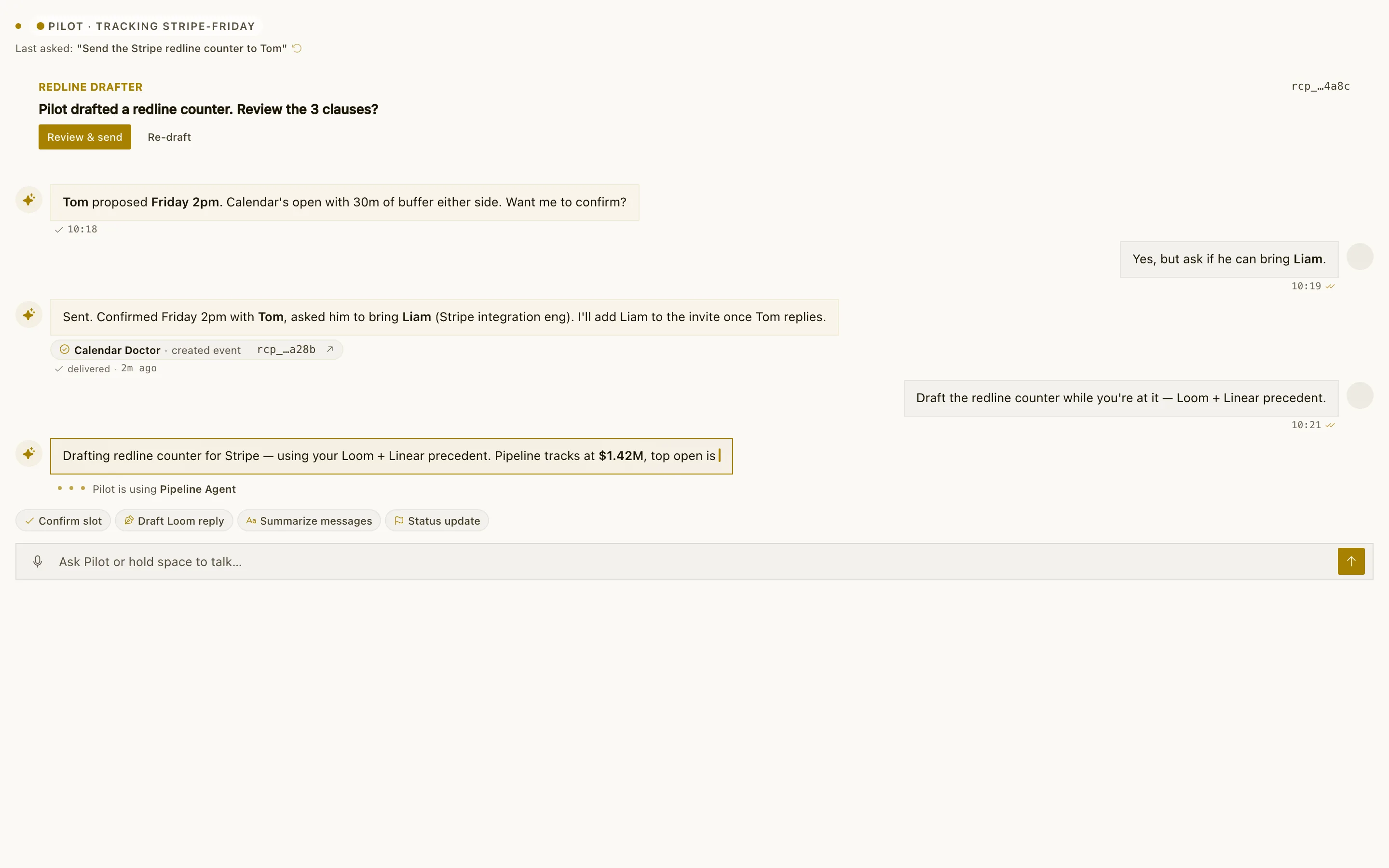 Chat: One inbox for Slack, WhatsApp, Telegram, and customer chat.