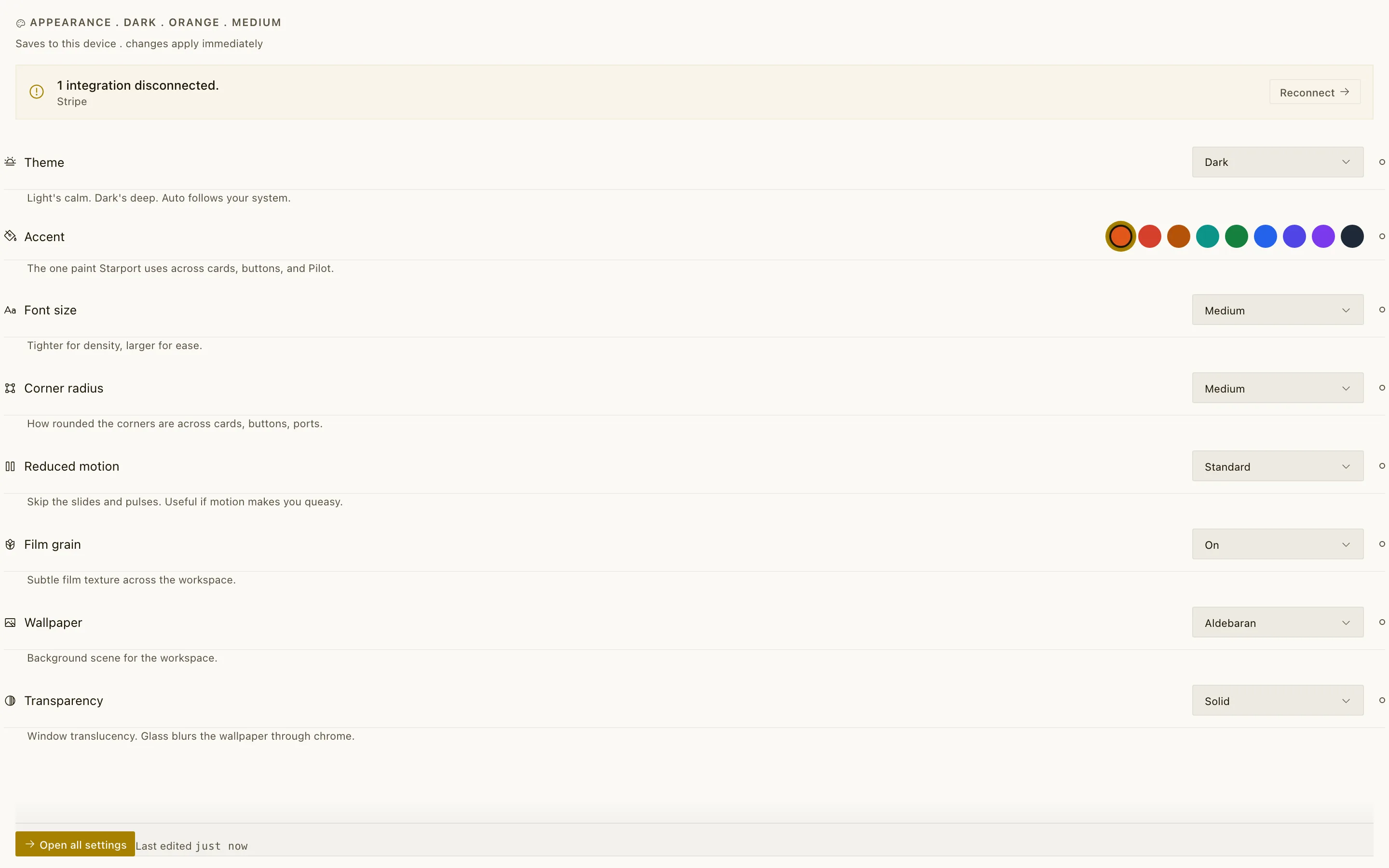 Settings: Models, themes, integrations, billing, and exports in one panel.